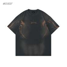 OVDY 1 pièce T-shirt à manches courtes col rond pour homme, style vintage lavé et délavé avec impression sérigraphique brossée à la main. Style streetwear outdoor années 2000