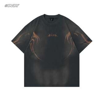 OVDY 1 pièce T-shirt à manches courtes col rond pour homme, style vintage, délavé, déchiré, imprimé à la main. Vêtement d'extérieur