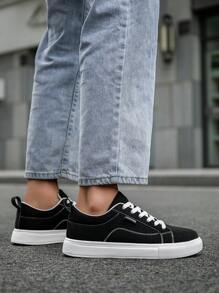 男士街头风舒适低帮平底运动鞋，简约复古拼接休闲日常运动鞋，情侣鞋，完美搭配运动牛仔裤造型 - 黑色 - 查看 9