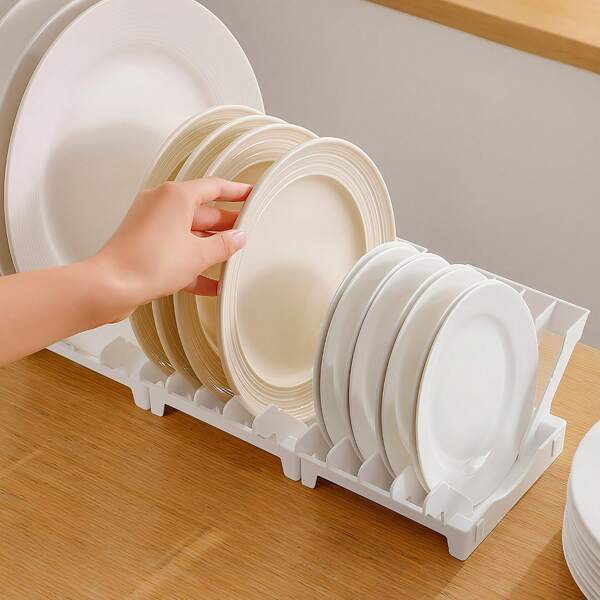 1pc Expandable 4-Section Plastic Plate Organizer With Snap-Fit Connectors | Countertop Dish Drying Rack & Space-Saving Storage For Kitchen Cabinets| Fits Small Kitchen Countertops