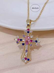1pc Luxury Creative Crystal Cross Pendant Necklace, Suitable For Women's Daily, Festival And Party Wear