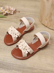 1 Pair Plus Size Toddler Girls Ivory White Flat Sandals, Solid PU Material, Shiny Rhinestone Flower Decor, Elastic Back Strap, Round Toe, Fashion Luxury Cute Flat Sandals Suitable For 3-15 Years Old Girls Daily, Party, Travel, Spring/Summer 2025