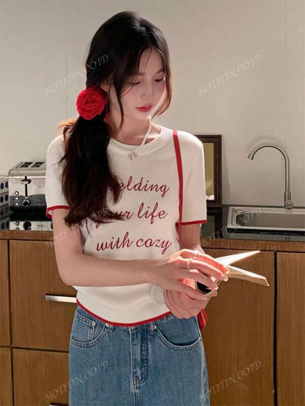 Women's Contrast Color Embroidery Knit Short Sleeve Slim Fit Cropped Top, Summer