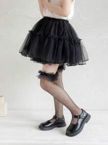 1/2/3 双女童镂空蕾丝边网眼长筒袜，柔软透气时尚过膝袜，春夏 - 彩色 - 查看 6