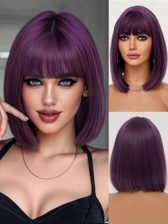 12-tums lila kort bobbad peruk, kort rak frisyrperuk med lugg för kvinnor, mjuk och naturlig syntetfiber, värmebeständig, lämplig för fest, cosplay, halloween, jul, karneval