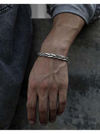 1pc Vintage Woven Cable Bracelet Metal Cuff Bangle, Unisex Hiphop Bracelet, Suitable For Gifts, Parties & Everyday Wear