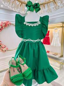Vestido Infantil Verde Luxo Com Pérolas Festas Daminhas