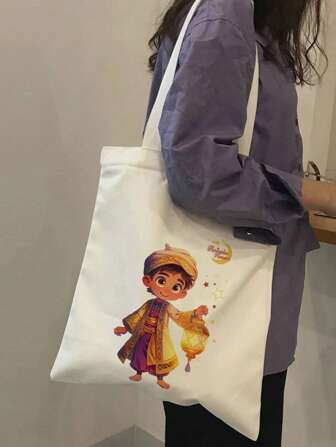 肖像时尚复古印花单肩包、帆布手提包、手提包、购物袋，适合女士、休闲、学生、办公室、购物、野餐、礼物