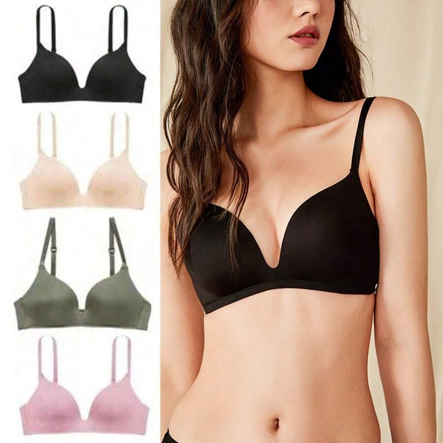 Sujetador femenino de cuatro piezas de color sólido, ropa interior fruncida, ligera y transpirable, aro sin acero, tirantes ajustables - Multicolor - Ver 1