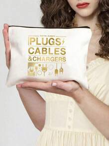 Golden Travel Charger Data Cable Pattern Theme Printed Zipper Makeup Bag,Large Capacity Makeup Bag, Cosmetic Bags,Cosmetic Bag With Data Cable Pattern, Red Air Cushion Storage Portable Storage Bag, Makeup Bag, Skincare Bag, Travel Essentials, Dormitory Supplies, Wedding Bride Gifts, Mother Gifts, Birthday Gifts, Gifts For Friends And Teachers, Bathroom Storage Make Up Bag - Multicolor - View 2