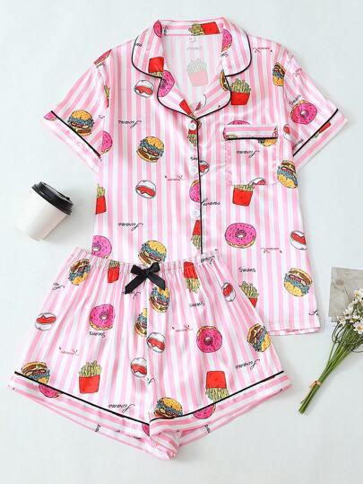 Conjunto de pijama de 2 piezas para mujer con camisa de manga corta con estampado de rayas y hamburguesa con cuello vuelto, y shorts de un solo pecho con lazo, cómodo para uso en el hogar, para primavera/verano, conjunto de dos piezas