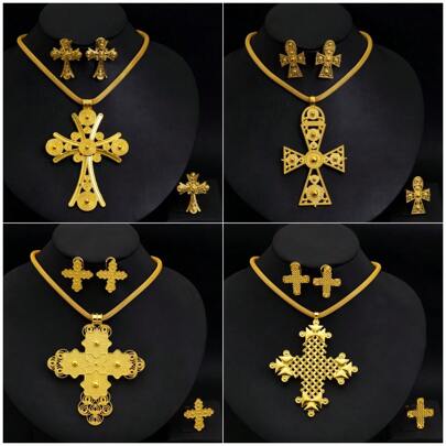 Conjunto de joias cruzadas 3 peças/conjunto para mulheres, colar com pingente, anel, brincos, cor dourada clássica e elegante, presente de festa de casamento e feriado