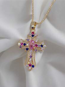 1pc Luxury Creative Crystal Cross Pendant Necklace, Suitable For Women's Daily, Festival And Party Wear