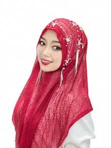 1pc Malaysian Tasseled Solid Color Beaded Floral Shawl Scarf Head Wrap, Elastic Turban Style, Muslim Headwear