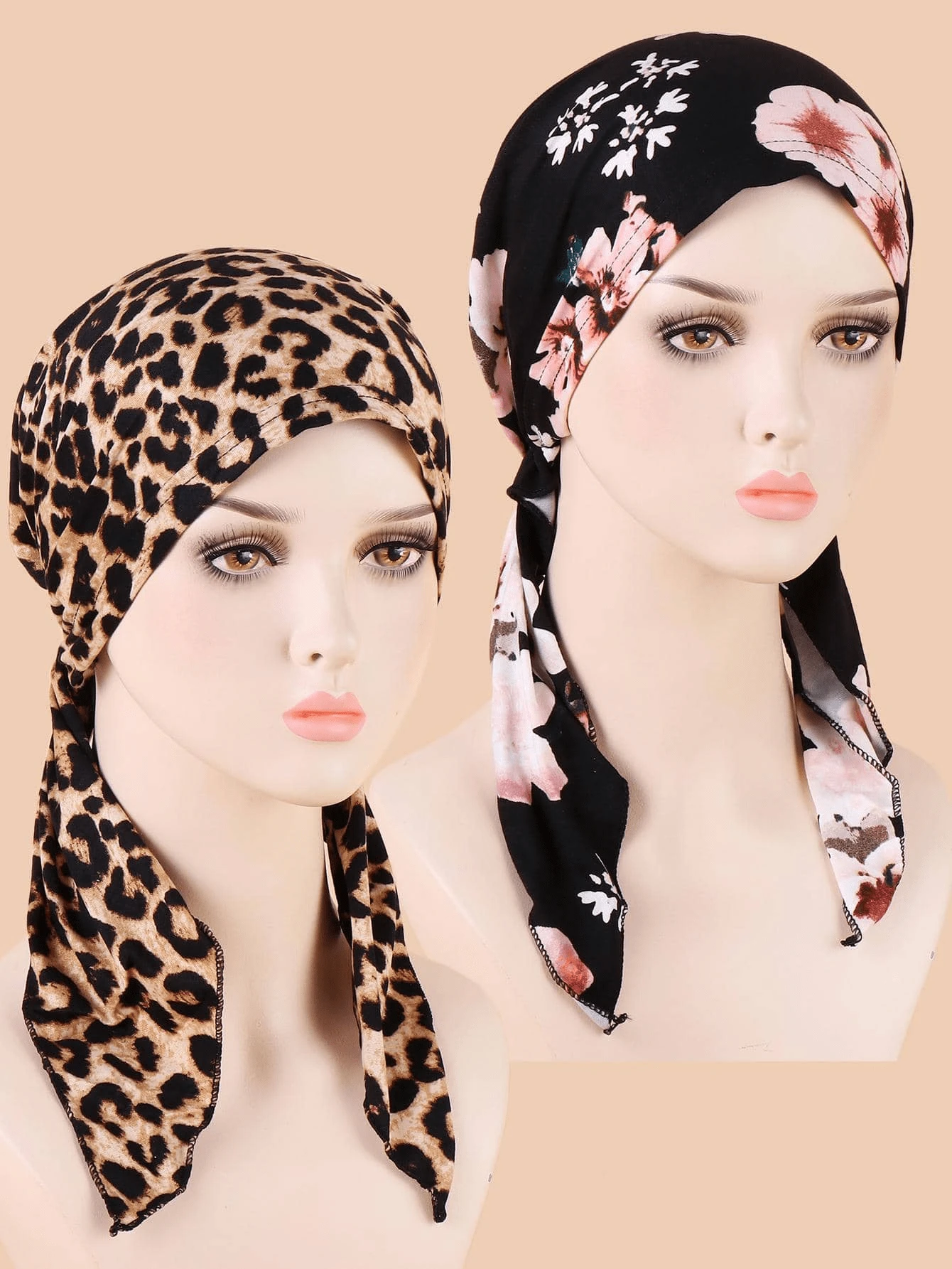 时尚印花休闲头带帽，飞行员帽 - 豹紋+黑粉花 - 查看 1