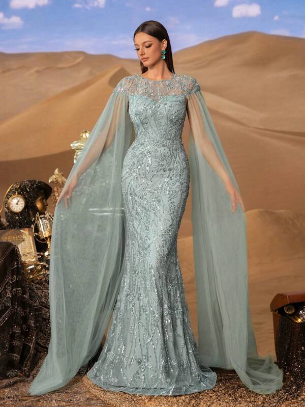 Faeriesty Robe de soirée femme de haute glamour avec col rond, manches longues oversize et ourlet de sirène élégant. Parfaite pour les banquets de mariage, les galas de bienfaisance, les cérémonies de remise de prix, les soirées d'opéra et les dîners d'affaires Top de gamme.