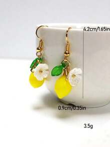 2 Pcs Original Summer Style Sweet Resin Yellow Green Lemons Flowers Dangle Earrings For Women Daily Wear