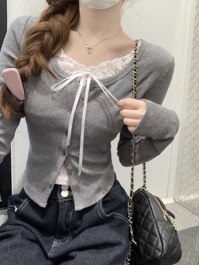 Spring Fashion Korean Lace & Color Block Button Decor Fitted Long Sleeve Top