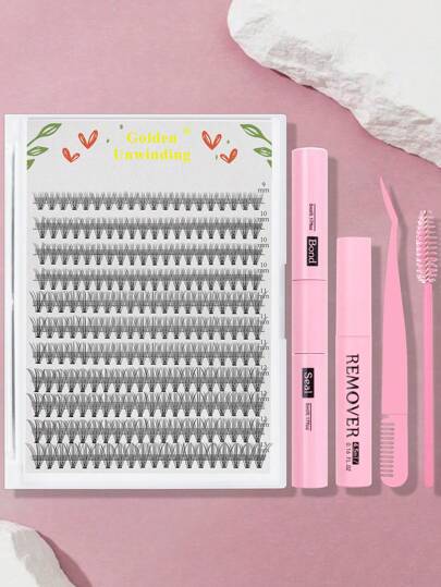 200 件睫毛延长套装，单根簇状睫毛，D 卷曲，混合 DIY 睫毛延长套装，DIY 下睫毛，柔软单根簇状睫毛，带睫毛粘合剂的睫毛簇，睫毛卸除和密封以及睫毛涂抹刷工具，适合在家自行涂抹