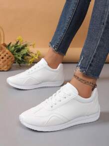 Women's Solid Color Simple Round Toe Casual Athletic Sneakers, Daily Casual - White - View 3