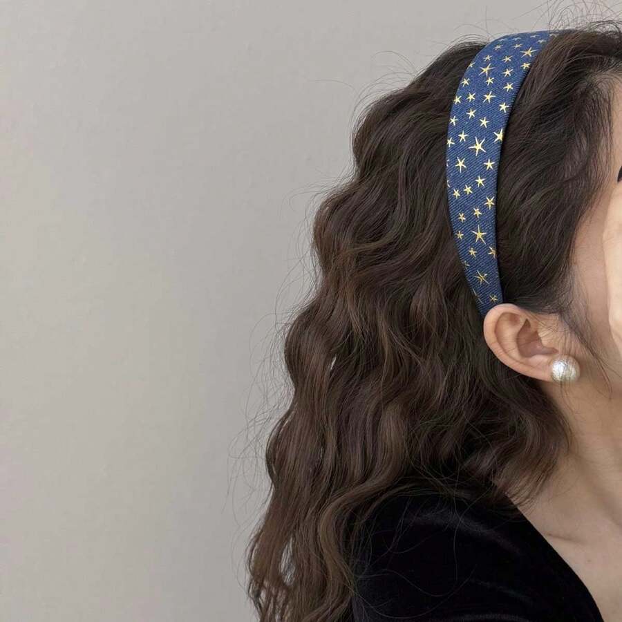 1pc New Denim 5-Pointed Star Wide Headband, 2025 Viral Net Celebrity Hair Accessory, High Crown Sponge Design