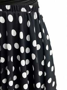 1 Set Solid Color Ruched Long Sleeve Top + Polka Dot Print Skirt - Black and White - View 8