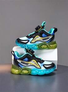 1 双男女通用儿童双网拼接柔软、轻便、旋转按钮拼色、跑步透气、透明果冻鞋底、渐变休闲日常运动鞋