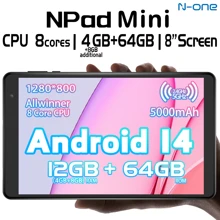 N-one NPAD Mini Android 14 N-One Tableta | CPU Allwinner de 8 núcleos (2,0GHz) | 4GB LPDDR4 + 64GB ROM | Pantalla táctil 8" 1340*800 | WIFI5 2,4GHz + 5GHz (sin LTE) | Batería 5000mAh | Puerto Tipo-C | Cámara 5MP + 5MP