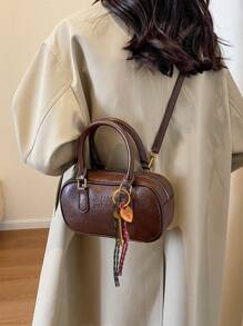 Doll Decor Crossbody Shoulder Bag, Large Capacity Soft Leather Boston Tote Handbag, Suitable For Commuting In All Seasons, Autumn/Winter New Style - Coffee - View 4