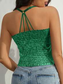 Elegante top de tirantes cruzados sin espalda con escote en V profundo para mujer, confeccionado en poliéster de largo regular con detalles recortados, perfecto para salir de noche. - Verde - Ver 2