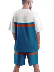 男士夏季休闲运动套装，透气3D印花圆领T恤和短裤，95%涤纶+5%氨纶针织面料，略带弹性，常规版型，户外休闲装 - 彩色 - 查看 4