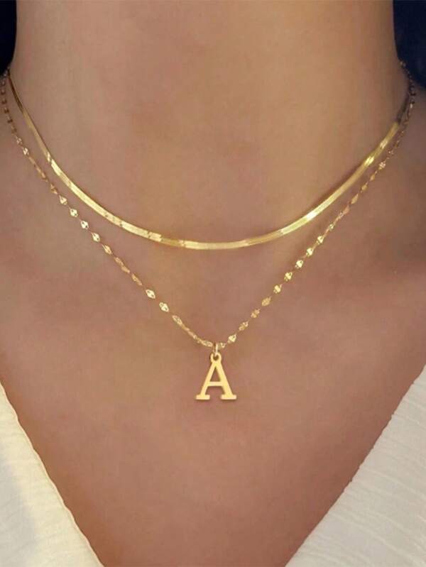 Women's Double Stainless Steel Necklace, 26 Gold And Silver Initials, European And American Fashion Style, Wholesale Jewelry