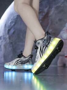 儿童发光四轮溜冰鞋，带开关、LED 灯、USB 充电、带轮鞋 - 黑色 - 查看 5