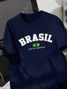 Men's And Women's Printed Shirt, Brazil Logo, 100% Cotton, Summer Fashion. - Màu xanh hải quân - Xem 2