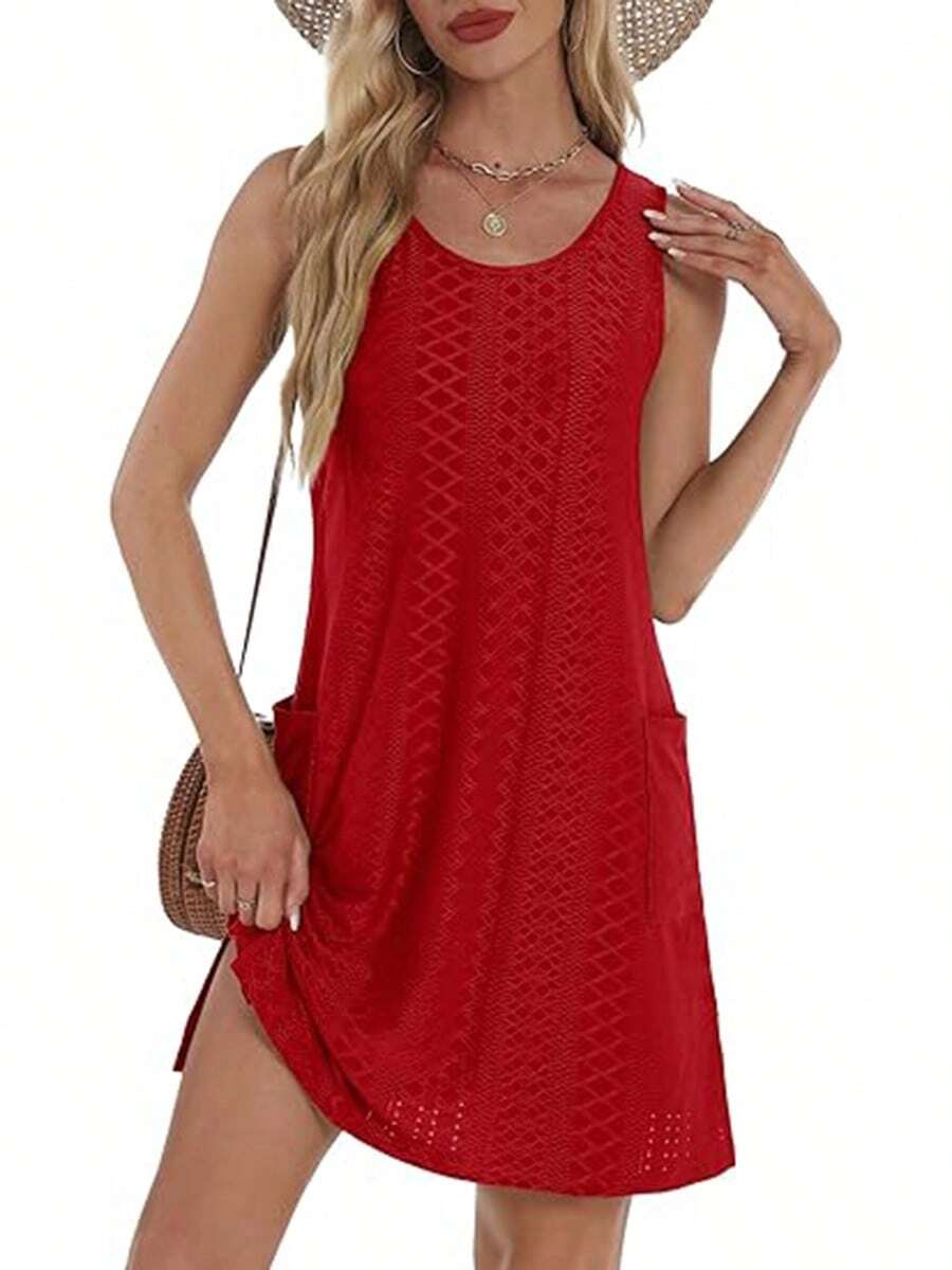 Summer Dresses For Women 2025 Eyelet Casual Loose Sleeveless Sundresses Tank Dresses With Pockets Beach Dress - Đỏ - Xem 1
