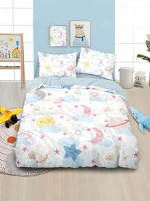 4pcs/Set Cartoon Cute Blue Tone Planet Series Bedding Set Including 1pc Duvet Cover, 2pcs Pillow Shams, 1pc Flat Sheet, Without Comforter And Pillow Inserts, Soft Fabric With Star, Moon, Rainbow, Cloud Patterns, Suitable For Kids & Adults Bedroom, Hotel, Dorm Room Decor