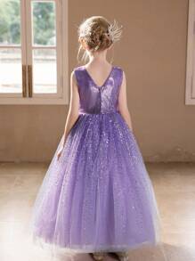 少女紫色亮片奢华连衣裙，蓬松薄纱生日/婚礼派对礼服 - 紫色 - 查看 4