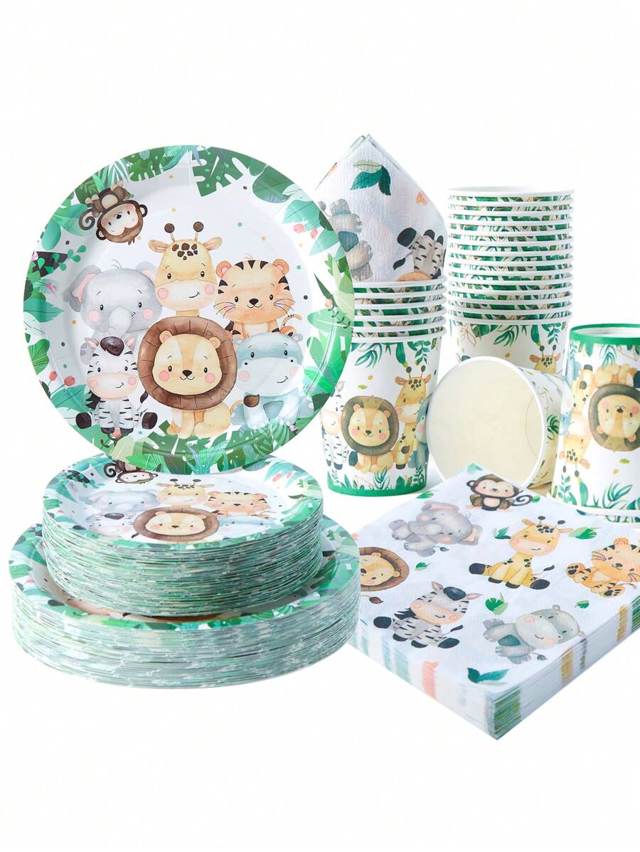 100/75/25/10入叢林綠動物一次性餐盤、餐巾紙、紙杯派對用品,適合25人使用,生日、婚禮、派對、家庭野餐用一次性紙盤餐具 - 彩色 - 查看 1