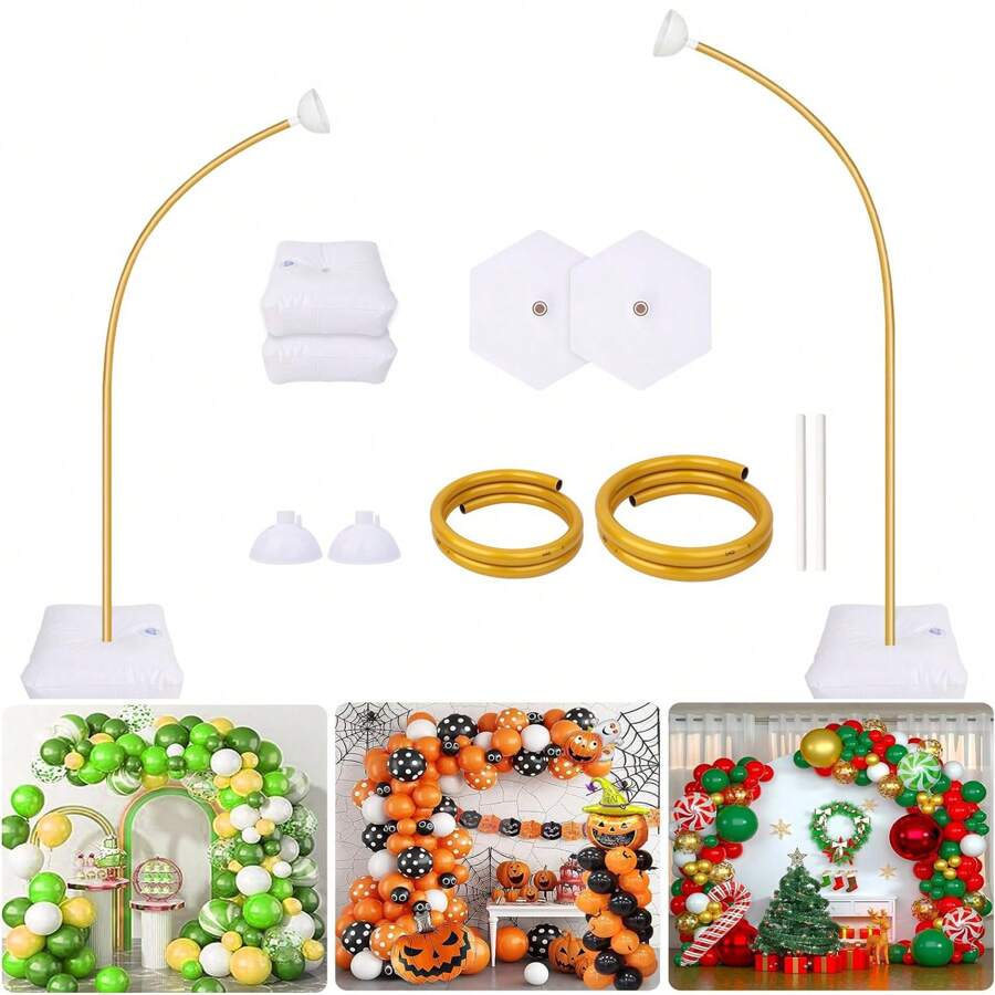 Kit Suporte de Balão Dourado de 8FT & 5FT, Suporte de Arco de Balão Dobrável Livremente, Suporte de Arco Metade com Base para Casamento, Aniversário, Formatura e Mais