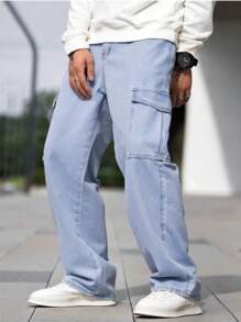 Men's Baggy Jeans Side Pocket Cargo Pants Street Style - 淺色水洗藍 - 查看 1