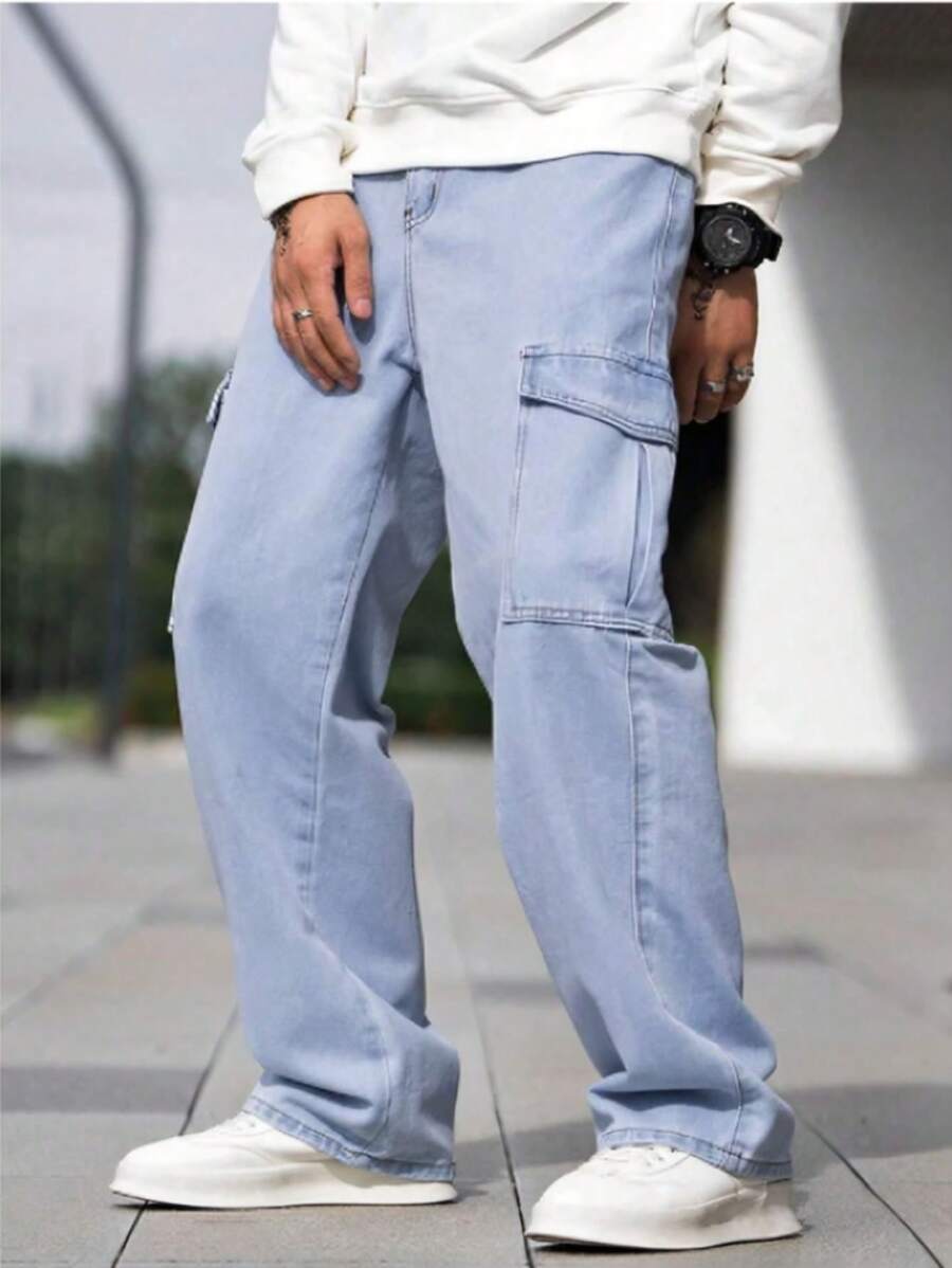 Men's Baggy Jeans Side Pocket Cargo Pants Street Style - 淺色水洗藍 - 查看 1