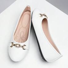OMS Women's Black Flat Shoes, Low Vamp Loafers, Thin Fashionable Sexy Square Buckle Versatile Slip-On Shoes, Round Toe, Soft Sole, Suitable For All Seasons