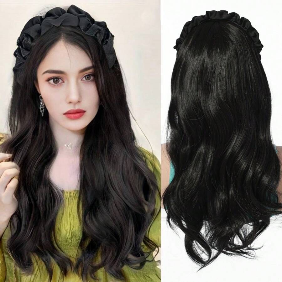 24inch Long Body Wave Curly Hairpiece With Removable Solid Ruched Headband Wig Women's Synthetic Cover Wig