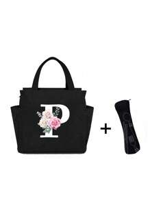 White Letters A~Z Printed With Flowers Lunch Bag For Women Men,With A Black Cutlery Storage Bag, Leakproof Insulated Soft Large Lunch Cooler Bag - Reusable Lunch Bag ,Solid Color Tableware Storage , Leak-Proof Portable Fabric Tableware Bag