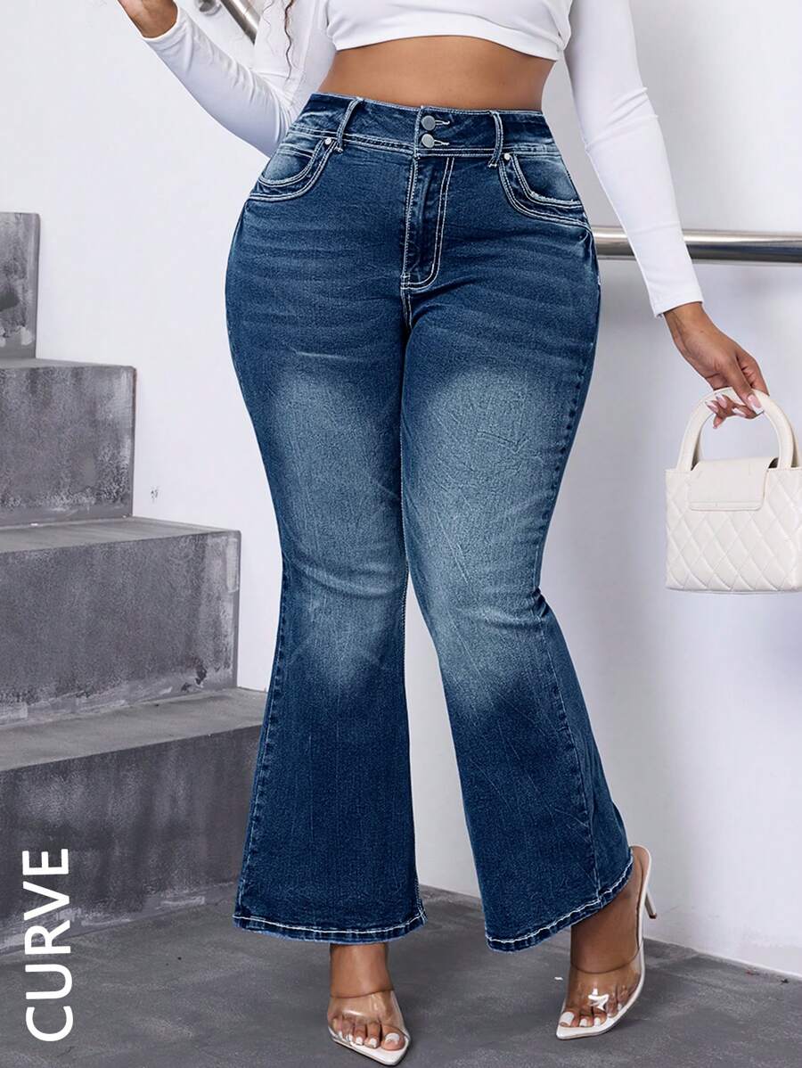 Jeans a zampa di elefante slim fit taglie forti, per uso casual quotidiano - Blu lavato scuro - Visualizzare 1