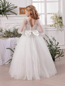 Tween Girl White Handmade Beaded Bow Tulle Elegant Christmas Party Dress, Princess Dress Suitable For Girls Birthday Party, Teenage Prom Party Dress, Flower Girl Wedding Bridesmaid Gown, Thanksgiving, Graduation Outfit