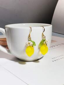 2 Pcs Original Summer Style Sweet Resin Yellow Green Lemons Flowers Dangle Earrings For Women Daily Wear