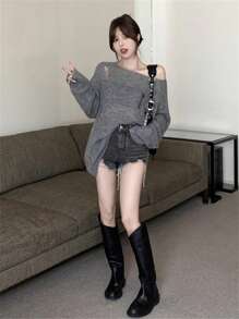 セクシーなミニマリストグレーの非対称的な肩カットアウトデザインプルオーバーセーター、外出、デート、家庭、通勤に適しています、秋冬 - グレー - チェックする 4