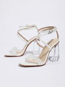 Sandalias de moda para mujer con tacones gruesos de cristal transparente y puntera abierta, de slip-on, con acabado metálico brillante, tacones altos, estilosas para fiesta y uso al aire libre, de estilo universal