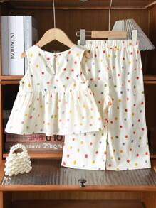 少女2入組鄉村彩色圓點無袖蕾絲上衣+寬腿褲套裝，夏季